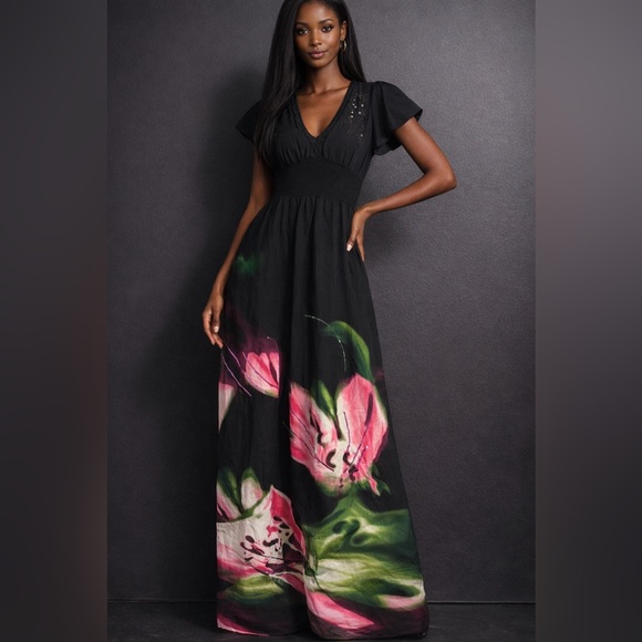 Desigual Dresses & Skirts - DeSigual Black Maxi Dress with Pink & Green Floral Print